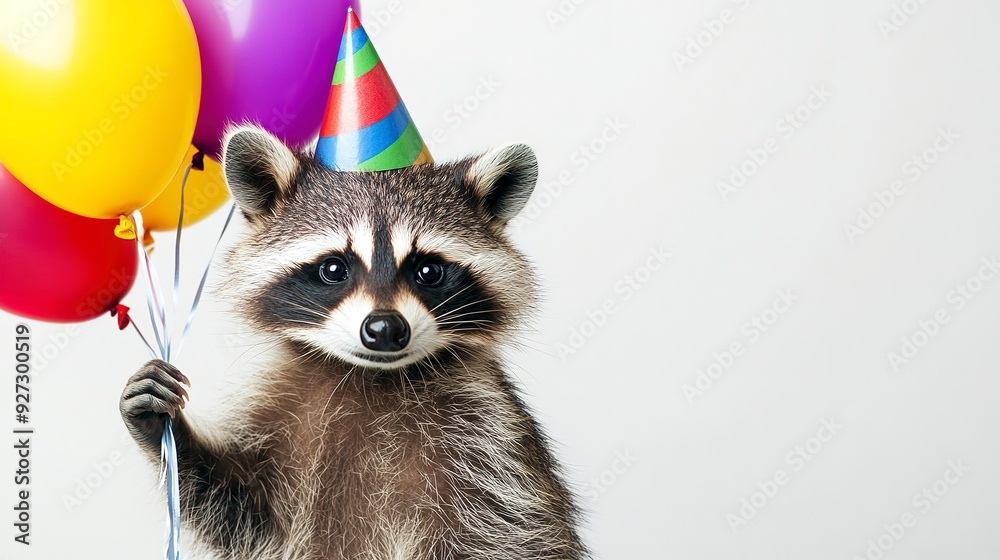 Cute raccoon in party hat and holding balloons Cute raccoon in party hat and holding balloons