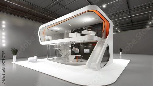 Ultra-modern minimalist festival stand: Stand colors: White, Grey, Orange A two-story stand with an observation deck at the center.