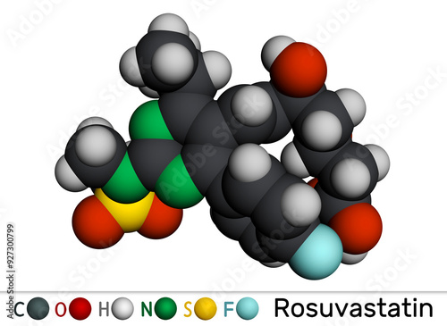 Rosuvastatin molecule. Statin, lipid-lowering drug. Molecular model. 3D rendering photo