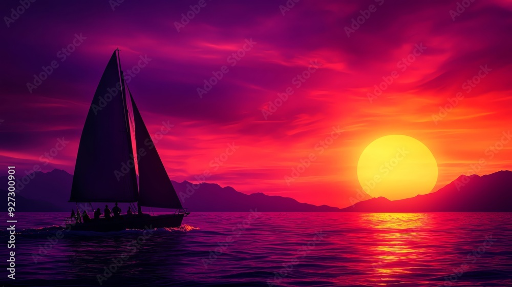 Fototapeta premium A serene sunset over calm waters, with a sailboat gently gliding towards the horizon, creating a tranquil atmosphere.