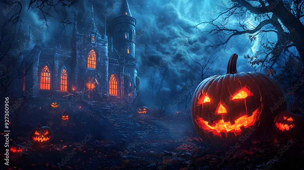 Haunted Castle in Autumn Landscape with Illuminated Pumpkins Haunted Castle in Autumn Landscape with Illuminated Pumpkins