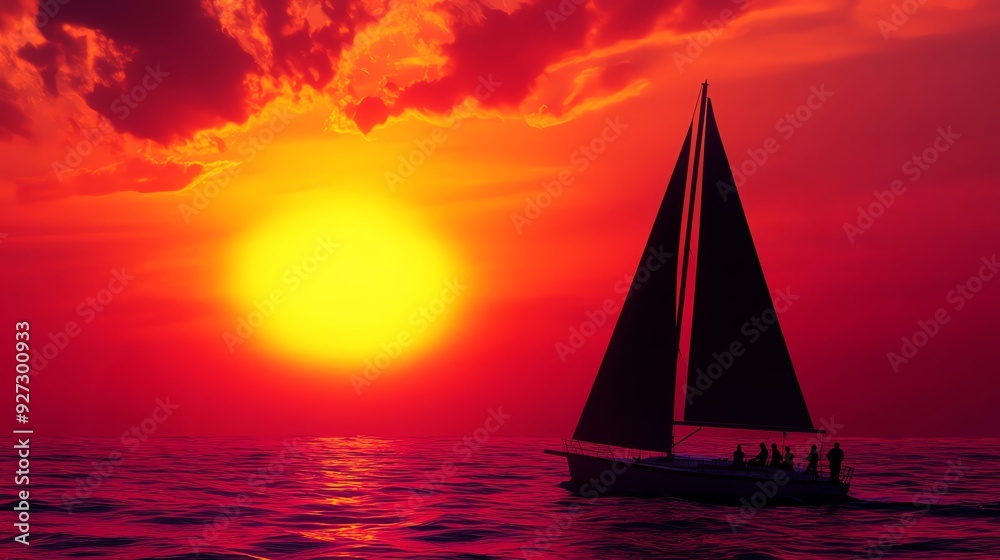 Naklejka premium A serene sunset over the ocean with a sailboat silhouetted against vibrant colors, creating a peaceful and picturesque scene.