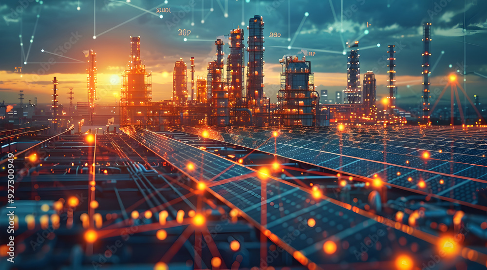 Fototapeta premium Industrial Complex with Solar Panels at Sunset - 3D Illustration