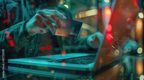Wet plate photo of business working on the laptop and holding hologram virtual credit card indoor AI generated