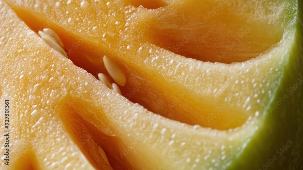 A close-up image of a cut open cantaloupe melon revealing the orange flesh and white seeds. A close-up image of a cut open cantaloupe melon revealing the orange flesh and white seeds.