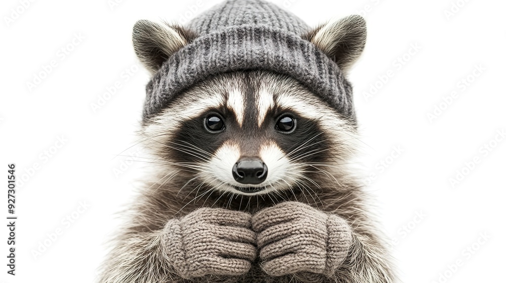 Obraz premium Endearing raccoon in a knitted beanie and gloves, ultra-sharp and clear, isolated on white background