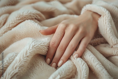 A close-up of a hand resting on a soft, textured blanket, conveying comfort and relaxation.