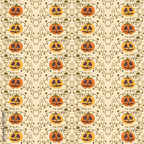 Halloween Pumpkins floral seamless pattern. All Hallows' Eve continuous background. Jack o lantern and tendrils repeat surface cover. Vector hand drawn flat illustration.