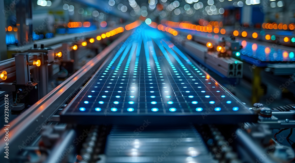 Solar Panel Production Line: Blue Lights Illuminated Panel on Conveyor Belt Solar Panel Production Line: Blue Lights Illuminated Panel on Conveyor Belt