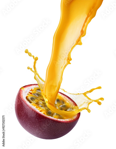 Fresh Falling Slash of Passionfruit, isolated on white photo