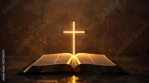 A book is open to a page with a cross on it. The light shining on the cross creates a warm and inviting atmosphere