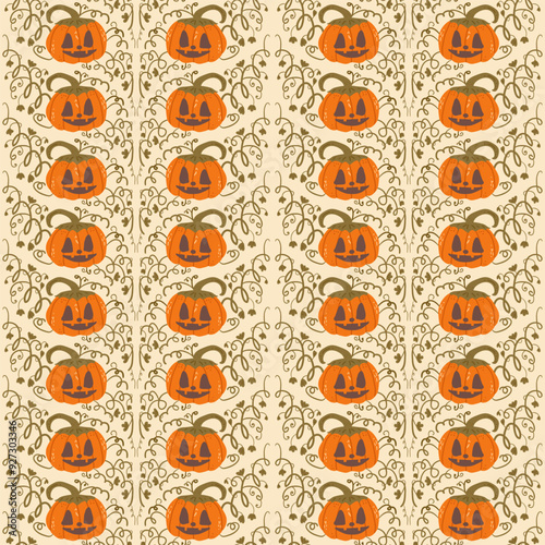 Halloween Pumpkins seamless pattern. All Hallows' Eve continuous background. Autumn festival repeat surface cover. Jack o lantern. Vector hand drawn illustration.