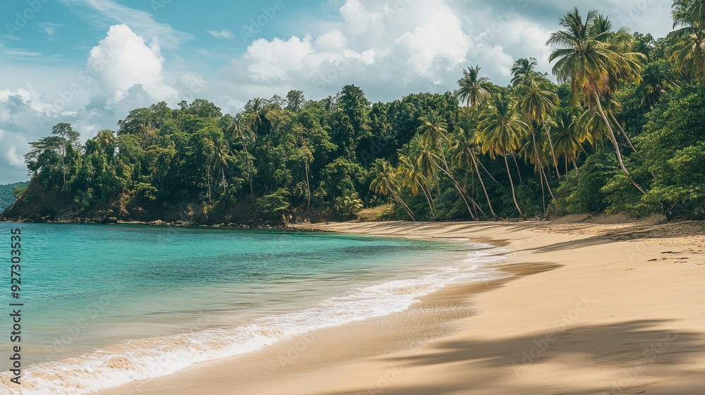 Fototapeta premium Escape to Paradise: Tranquil Beach with Palm Trees and Crystal Clear Waters