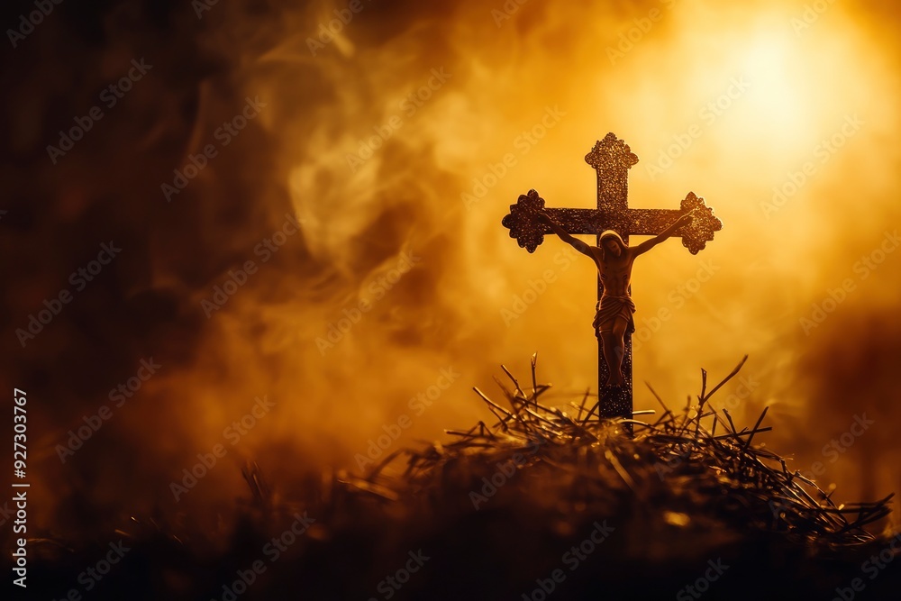 Crown of throns and Silhouette Jesus cross.Crucifixion Of Jesus Christ.Jesus with Cross concept for faith religion, christian worship, Easter, Redeemer.The Feast of Corpus Christi Concept , ai Crown of throns and Silhouette Jesus cross.Crucifixion Of Jesus Christ.Jesus with Cross concept for faith religion, christian worship, Easter, Redeemer.The Feast of Corpus Christi Concept , ai