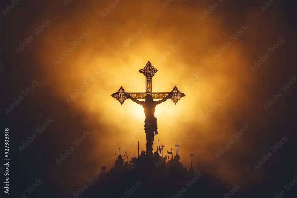 Crown of throns and Silhouette Jesus cross.Crucifixion Of Jesus Christ.Jesus with Cross concept for faith religion, christian worship, Easter, Redeemer.The Feast of Corpus Christi Concept , ai Crown of throns and Silhouette Jesus cross.Crucifixion Of Jesus Christ.Jesus with Cross concept for faith religion, christian worship, Easter, Redeemer.The Feast of Corpus Christi Concept , ai