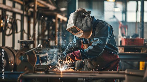 A male welder working with welding in a factory