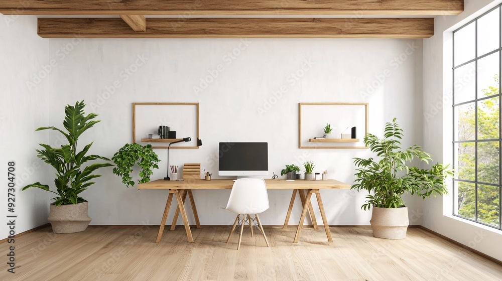 Fototapeta premium Modern Minimalist Home Office with Plants and Wooden Accents