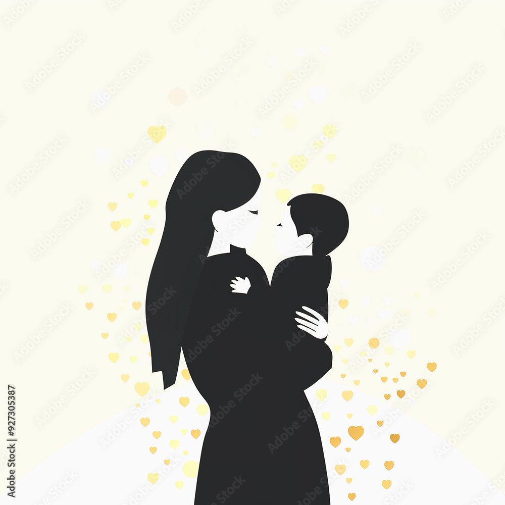 A Mother Holding Her Baby, Silhouetted Against a Background of Hearts A Mother Holding Her Baby, Silhouetted Against a Background of Hearts