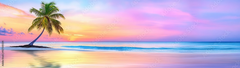 Obraz premium A peaceful sunset over a deserted island with calm waves and a lone palm tree, Watercolor, Warm hues, Tranquil setting, Solitude