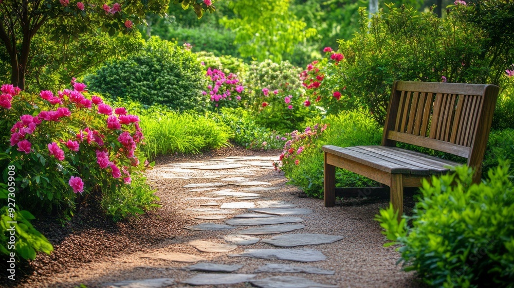 Tranquil Garden Oasis: Stone Path, Blooming Flowers, and Wooden Bench Tranquil Garden Oasis: Stone Path, Blooming Flowers, and Wooden Bench