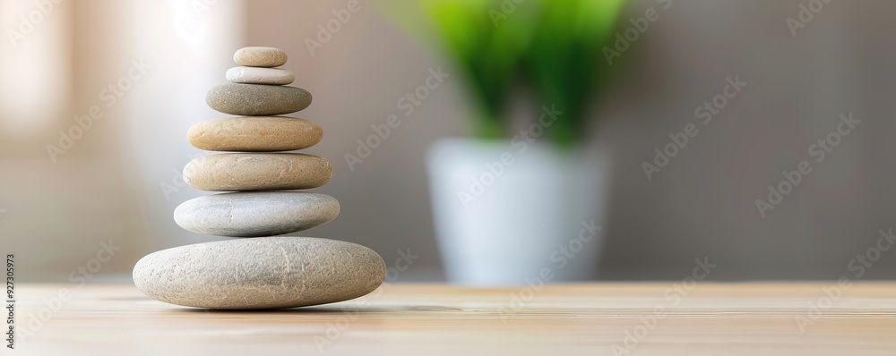 Obraz premium Stacked smooth stones arranged on a wooden surface, with blurred greenery in the background, symbolizing balance, calm, and natural harmony.