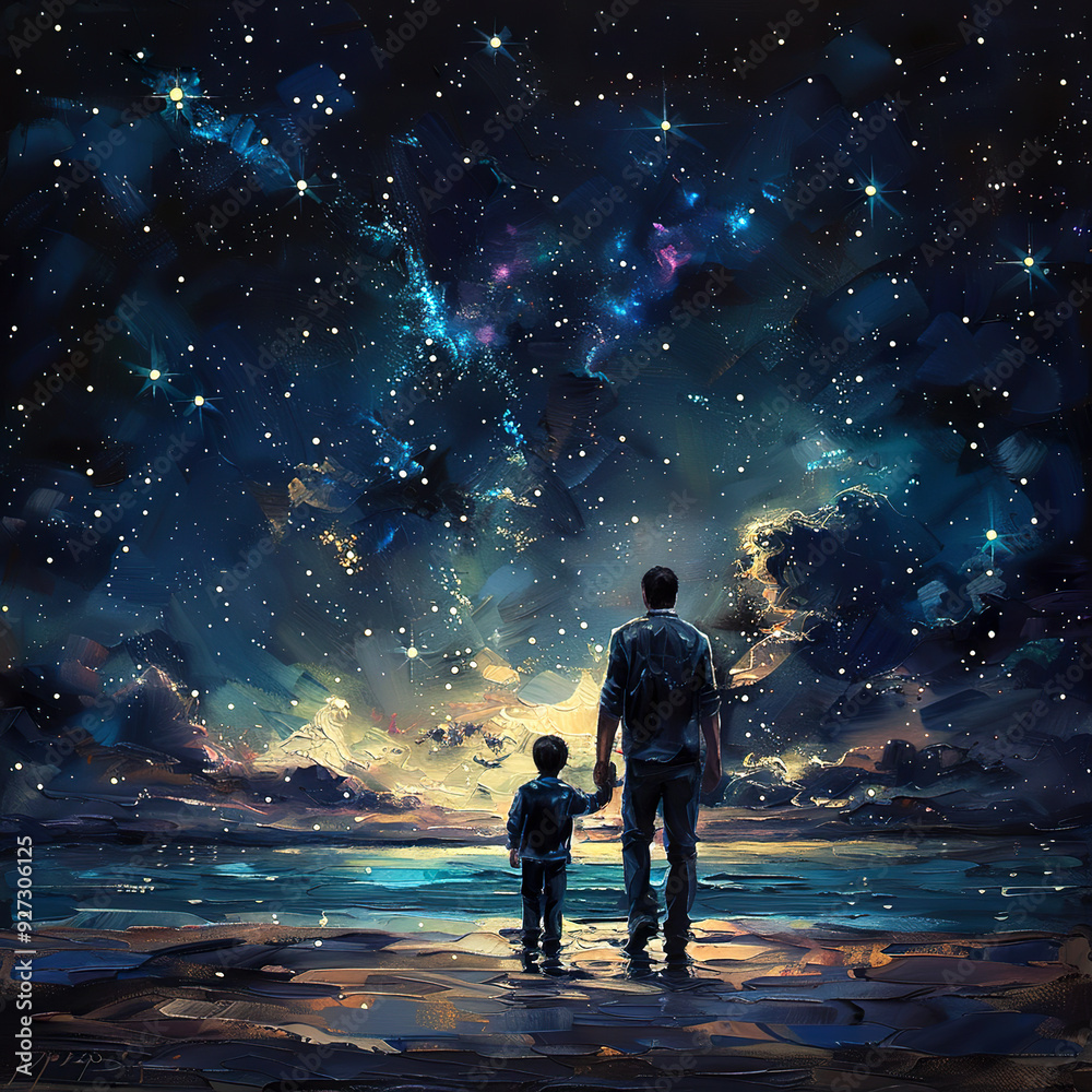 Fototapeta premium Father and Son Silhouetted Against a Starry Night Sky