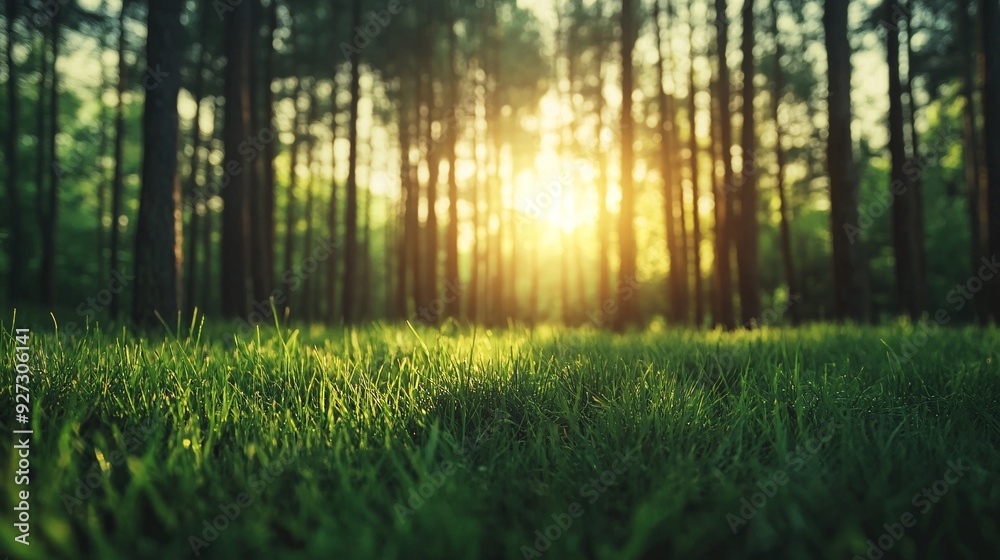 Fototapeta premium Sunset in Forest with Green Grass