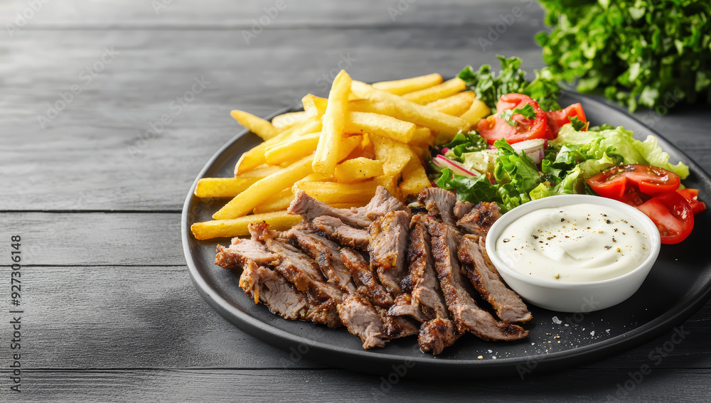 Thin slices of doner kebab meat with french fries salad and yogurt dip sauce on a plate. Thin slices of doner kebab meat with french fries salad and yogurt dip sauce on a plate.