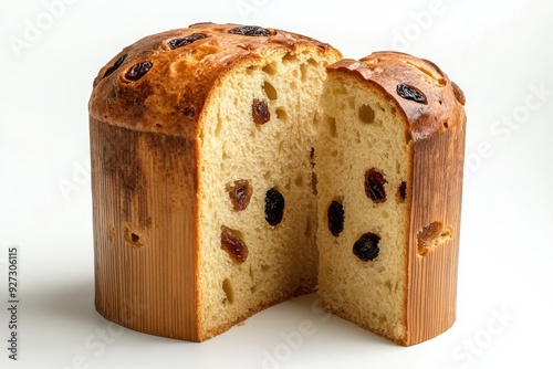 Panettone, the traditional Italian Christmas bread with golden-brown top and juicy dried fruits