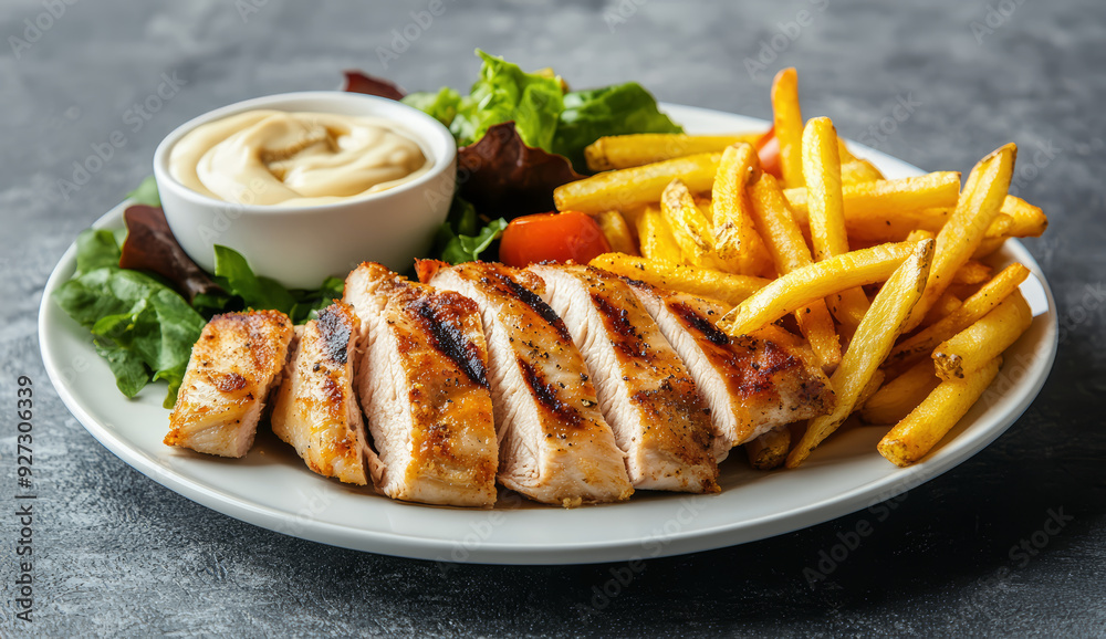 Thin slices of doner kebab meat with french fries salad and yogurt dip sauce on a plate. Thin slices of doner kebab meat with french fries salad and yogurt dip sauce on a plate.