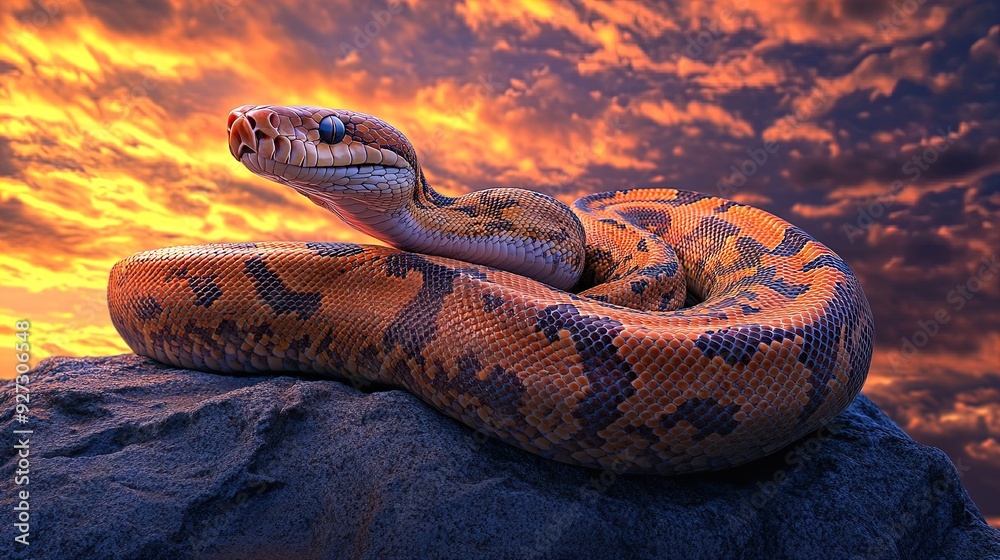 Fototapeta premium Stunning Boa Constrictor Poster: Capture the Majestic Beauty of a Golden-Brown Snake Against a Dramatic Sunset Sky - Perfect for Sporty Interiors and Nature Lovers!