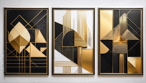 Gold and Black Abstract Geometric Wall Art Panels: Contemporary Design Statement