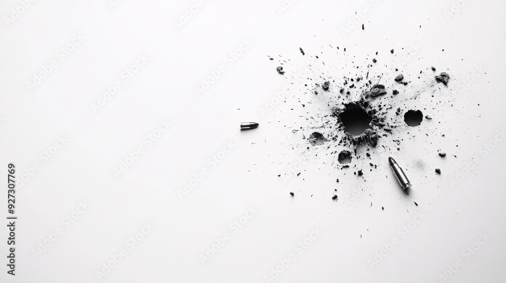 Bullet impact on white surface with scattered debris Bullet impact on white surface with scattered debris