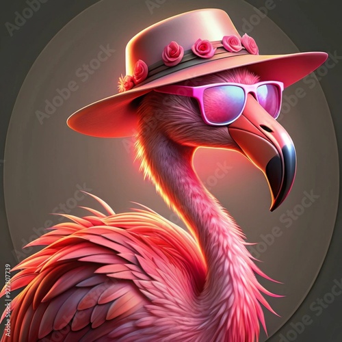 A flamingo with vibrant pink feathers is depicted wearing stylish blue sunglasses and a matching pink hat.
