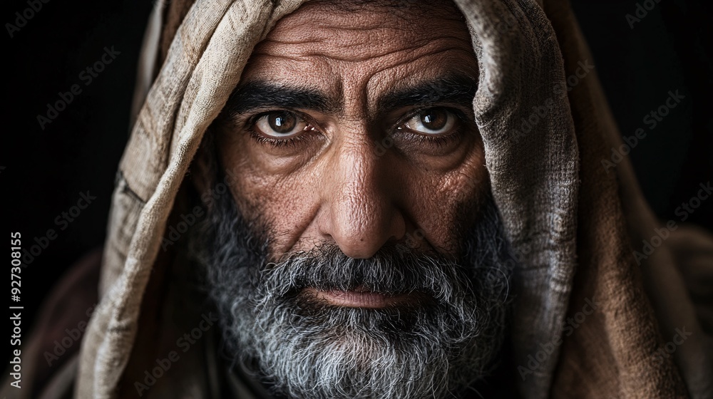 Close-up Portrait of Elderly Man in Hooded Robe Close-up Portrait of Elderly Man in Hooded Robe