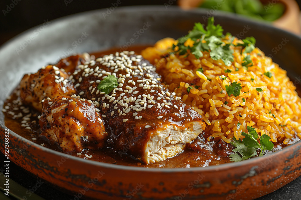 succulent chicken breast with mole poblano sauce served with steamed rice and a mix of fresh cilantro and sesame seeds