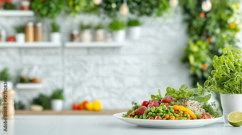 A sharp, clean image of a beautifully arranged plant-based meal on a minimalist table, with vibrant, fresh ingredients displayed in a modern kitchen setting, emphasizing health and wellness. focused o A sharp, clean image of a beautifully arranged plant-based meal on a minimalist table, with vibrant, fresh ingredients displayed in a modern kitchen setting, emphasizing health and wellness. focused o