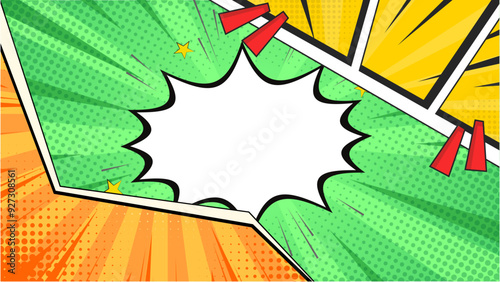 Green comic background. Green comic strip background with green comment box. Green comic-style book background with Comic Explosion fast and flash style.