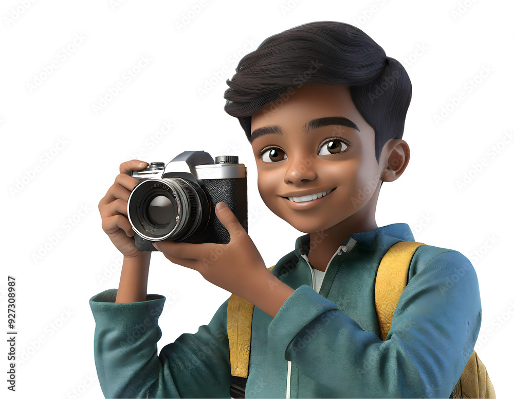 3D digital render of a boy with a camera isolated on white background. Generative AI.