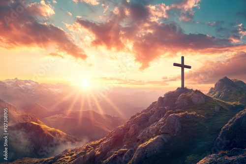 In the beauty of Biblical Christianity, the sunset flare highlights the Cross of Jesus on the mountaintop, standing tall as a powerful symbol, ai