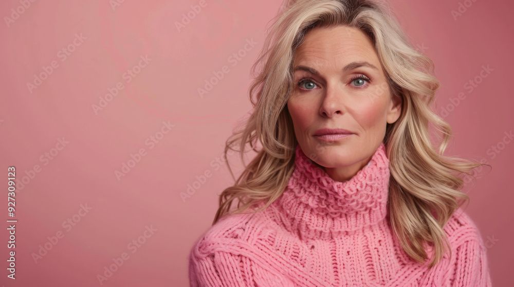 A beautiful blonde woman in a delicate pink sweater poses indoors. A beautiful blonde woman in a delicate pink sweater poses indoors.