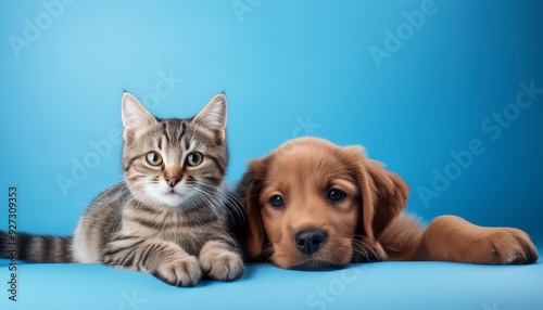 Tabby kitten and brown dog lying together. Pets on blue background, copy space.