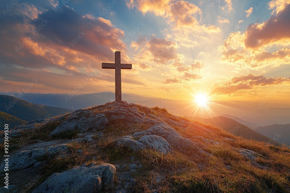 In the beauty of Biblical Christianity, the sunset flare highlights the Cross of Jesus on the mountaintop, standing tall as a powerful symbol, ai In the beauty of Biblical Christianity, the sunset flare highlights the Cross of Jesus on the mountaintop, standing tall as a powerful symbol, ai