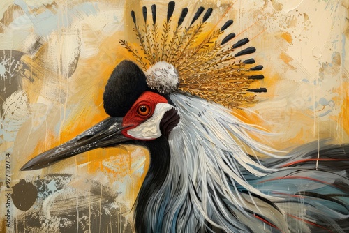 Artistic representation of a crowned crane with vibrant colors on a textured background