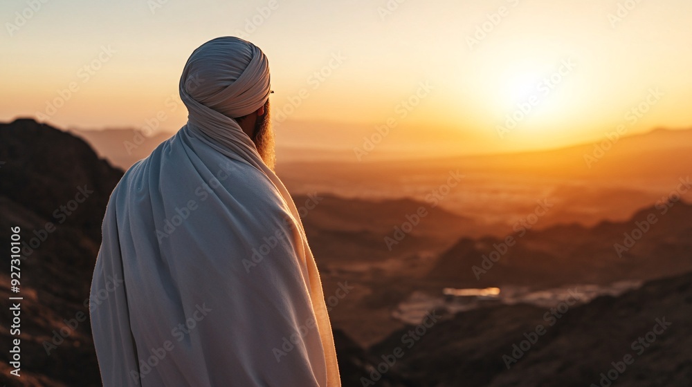 Man in traditional attire watching sunset over desert landscape Man in traditional attire watching sunset over desert landscape