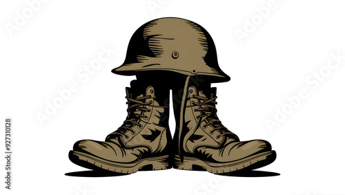 A soldier s helmet and boots memorial display