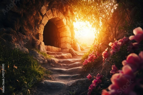 Jesus Christ Resurrection, Christian Easter Background. Empty tomb, resurrection Sunday, ai