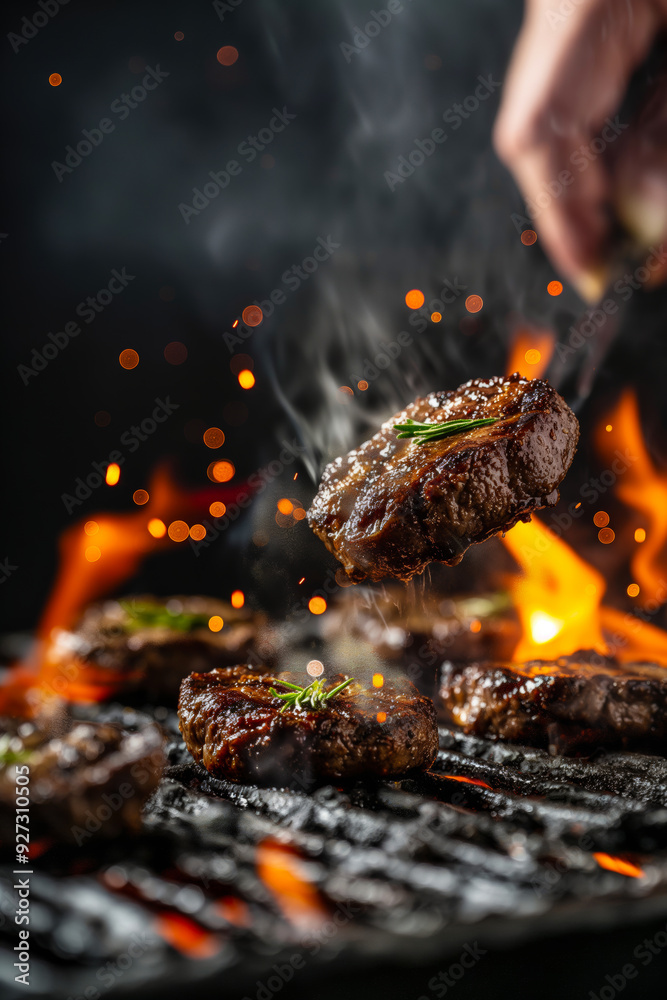 Barbecuing. Meat on the grill. Barbecue - close-up of grilled meat in flames. BBQ Barbecuing. Meat on the grill. Barbecue - close-up of grilled meat in flames. BBQ