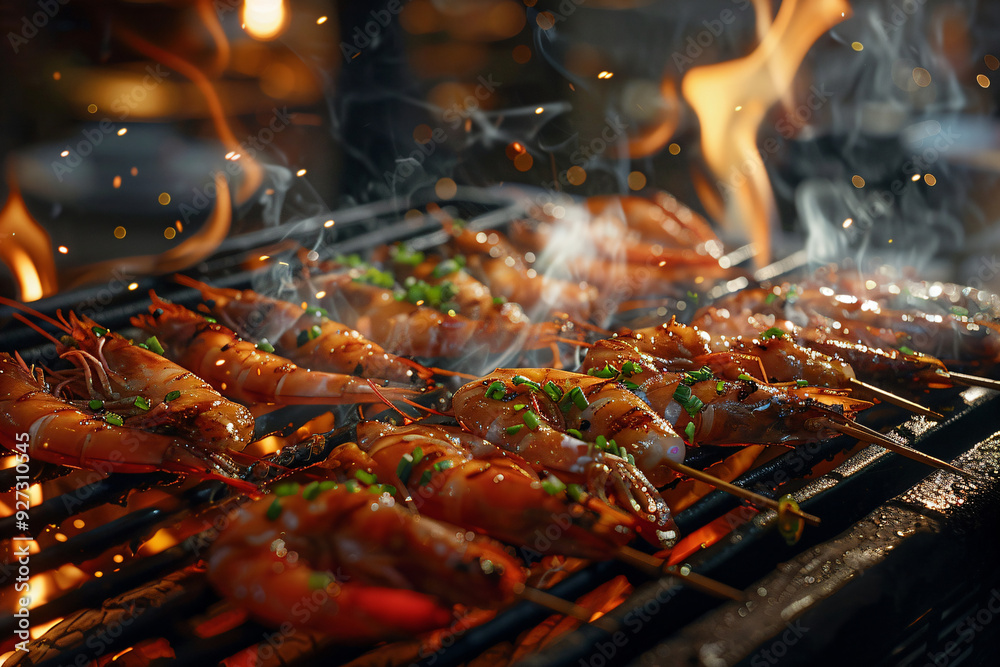 Grilled Shrimp on the flaming barbecue grill. 