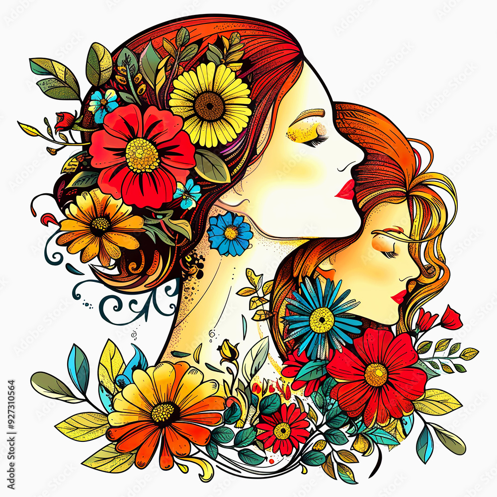 Two Women's Profiles Surrounded by Colorful Flowers